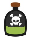 Vector pirate bottle icon. Black glass container illustration. Green poison potion with skull and bones. Marine treasure hunt