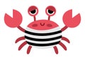 Vector pirate crab icon. Cute sea animal illustration. Treasure island hunter in stripy shirt. Funny pirate party element for kids