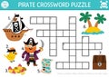 Vector pirate crossword puzzle for kids. Simple treasure island quiz for children. Educational activity with ship, parrot, map, Royalty Free Stock Photo