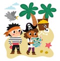 Vector pirate kids with map looking for treasure chest. Cute treasure hunt scene with children. Tropical island hunters Royalty Free Stock Photo