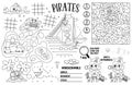 Vector pirate placemat for kids. Treasure hunt printable activity mat with maze, tic tac toe charts, connect the dots, find