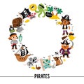 Vector pirate round frame with pirates, ship and animals. Treasure island border wreath card template or marine party design for Royalty Free Stock Photo