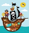 Vector pirate ship scene. Raider vessel interior with pirates, cargo hold, cabin, captain office. Treasure hunt illustration with