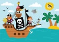 Vector pirate ship scene. Raider vessel with pirates sailing to the treasure island with palm trees. Treasure hunt illustration Royalty Free Stock Photo