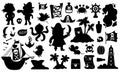 Vector pirate silhouettes set. Cute sea adventures black icons collection. Treasure island shadow illustrations with ship, captain Royalty Free Stock Photo