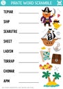 Vector pirate word scramble activity page. English language game with ship, treasure island, chest for kids. Sea adventures family