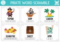 Vector pirate word scramble activity page. English language game with ship, treasure island, chest for kids. Sea adventures family