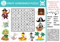 Vector pirate word search puzzle for kids. Simple treasure island word search quiz for children. Sea adventures educational