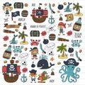 Vector pirates Children cartoon illustration Kids drawing style for kids party in pirate style Octopus, pirate ship