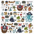 Vector pirates Children cartoon illustration Kids drawing style for kids party in pirate style Octopus, pirate ship