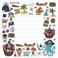 Vector pirates Children cartoon illustration Kids drawing style for kids party in pirate style Octopus, pirate ship