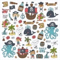 Vector pirates Children cartoon illustration Kids drawing style for kids party in pirate style Octopus, pirate ship