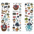 Vector pirates Children cartoon illustration Kids drawing style for kids party in pirate style Octopus, pirate ship