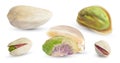 Vector pistachios nuts and dry shell. Realistic 3d kernel. Salted pistachio isolated on white background.