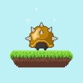 Vector pixel art 8 bit game scene with cartoon armadillo or hedgehog. Pixelart jumping armadillo or hedgehog for game.