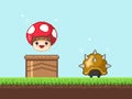 Vector pixel art 8 bit game scene with mushroom. Pixelart jumping mushroom for game.