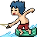 Vector pixel art boy surfboard Royalty Free Stock Photo