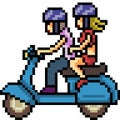 Vector pixel art couple ride motorcycle