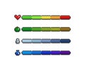 Vector pixel art game development progress bar set - health heart, apple food energy, bullet weapon ammo, potion mana