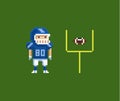 Vector pixel art illustration - American football gridiron player, oval-shaped football and goalposts