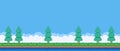 vector pixel art illustration of cartoon coniferous forest near the water in retro video game platformer level style