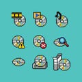 Vector pixel art retro computer compact disc icon set. Video, audio cd, warning, error, tray, installation setup disk