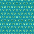 Vector pixel art seamless pattern of minimalistic two golden crossed keys on turquoise or green background Royalty Free Stock Photo