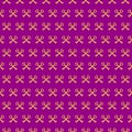 Vector pixel art seamless pattern of minimalistic two golden crossed keys on violet background Royalty Free Stock Photo