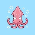 Vector pixel art sign of cartoon smiling modest cute squid looking up