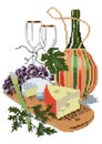 Vector pixel art. Vector illustration with cheese, wine, grapes. Kitchen interior Royalty Free Stock Photo