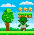 Vector pixel geek character. Pixelated green monster in natural landscape with tall tree and coins