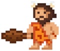 Vector pixel illustration of cartoon caveman, pixelated primitive man wearing animal pelt with baton