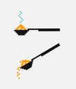 Vector pixel spoon with hot food. A spoon pours the sugar salt food