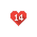 Vector pixel Valentine`s day heart icon with long shadow