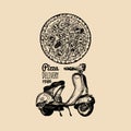 Vector pizza delivery scooter. Sketched retro motorroller with italian food illustration. Typographic advertising poster