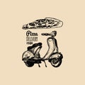 Vector pizza delivery scooter. Sketched retro motorroller with italian food illustration. Typographic advertising poster