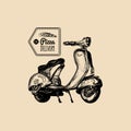 Vector pizza delivery scooter. Sketched retro motorroller with italian food illustration. Typographic advertising poster