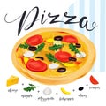 Vector pizza with many isolated components. Italian Pizza Ingredients Collection. Fast food, Italian, toppings