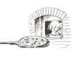 Vector pizza on a shovel, baked in a wood-fired oven. vintage hand-draw line sketch illustration Royalty Free Stock Photo