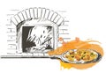 Vector pizza on a shovel, baked in a wood-fired oven. vintage hand-draw line sketch illustration Royalty Free Stock Photo