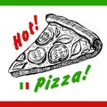 Vector Pizza slice drawing. Hand drawn pizza illustration. Great for menu, poster or banner. Royalty Free Stock Photo