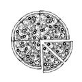 Vector Pizza slice drawing. Hand drawn pizza illustration. Great for menu, poster or label. Royalty Free Stock Photo