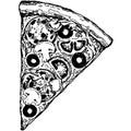 Vector Pizza slice drawing. Hand drawn pizza illustration. Great for menu, poster or label. Royalty Free Stock Photo