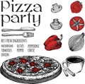 Vector Pizza slice drawing. Hand drawn pizza illustration. Great for menu, poster or label. Royalty Free Stock Photo