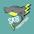 Vector placard with hand drawn illustration of shark with skateboard in mouth and lightning.