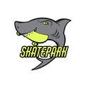 Vector placard with hand drawn illustration of shark with skateboard in mouth.