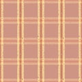 Vector plaid weave seamless pattern background. Blush pink yellow grunge flecked textured woven check backdrop. Modern