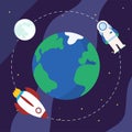 Vector planet earth in space and rocket, moon and astronaut are flying in orbit Royalty Free Stock Photo