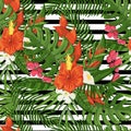 Vector plant seamless pattern with hibiscus,palm branch,monstera green leaves,flowers
