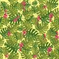 Vector plant seamless pattern with hibiscus,palm branch,monstera